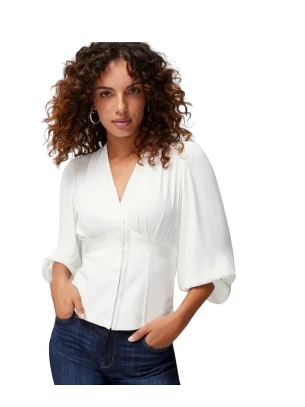 WHBM Elegant Elbow Sleeve Corset Blouse w Hook & Eye Front Ecru Color Size 4